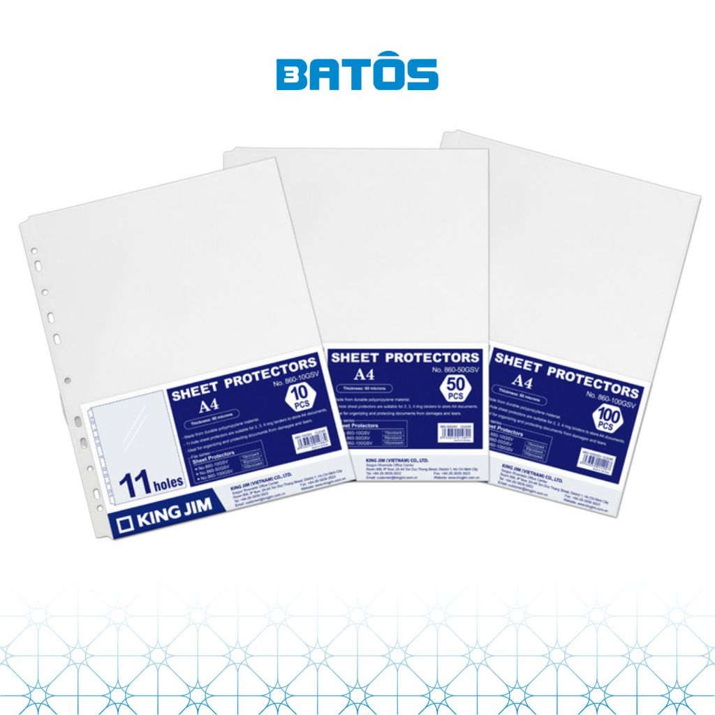 Bìa lỗ / Sơ mi 11 lỗ King Jim khổ A4S 860, dày 60 micron - Túi 10 ; 50 & 100 chiếc