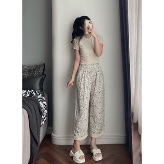 Set Bộ Đồ Nữ Áo Len Tăm Co Dãn Ôm Body Cổ Tròn May Viền Mix Quần Hoa Thô Mềm Viền Ren Gấu Freesize