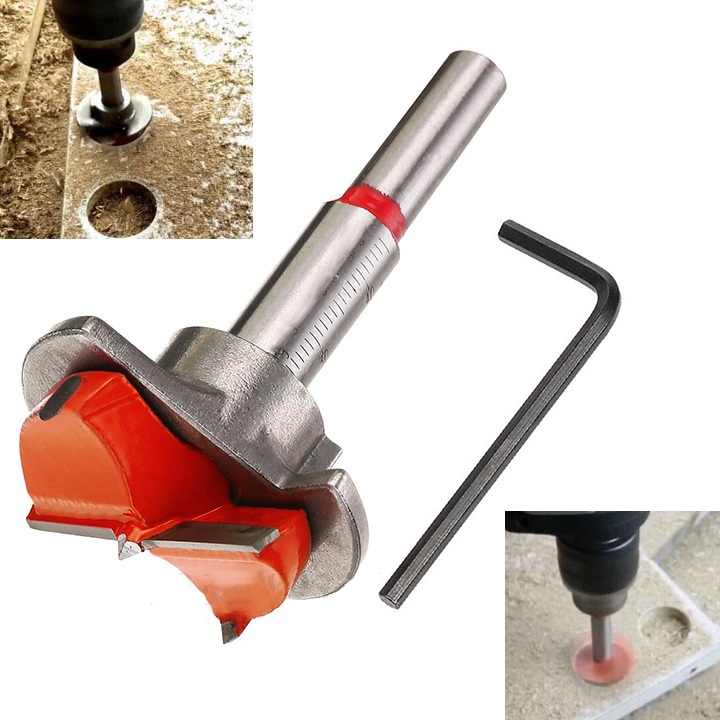 Mũi khoan bản lề bật - mũi khoét gỗ 35mm lưỡi hợp kim có vòng chặn điều chỉnh độ sâu cần khoan