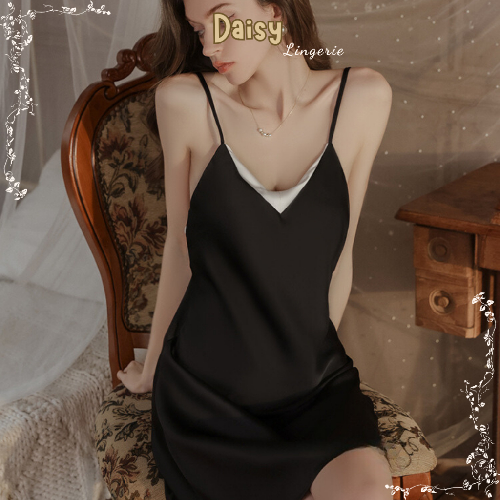 Váy Ngủ Đen Sexy Gợi Cảm Dây Chéo Phối Viền Trắng Đầm Ngủ Trơn Dây Có Dây Lưng Quyến Rũ Cao Cấp-VN084