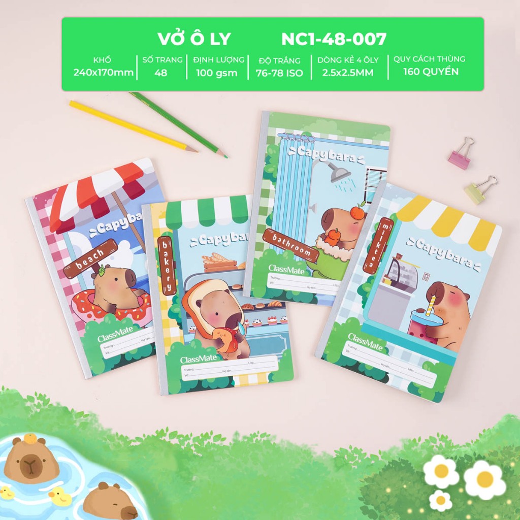 Combo 5/10 Vở Ô Li Capybara Classmate Vở 4 ÔLi 2.5x2.5mm 100gsm, 48/80 Trang Giấy Chống Lóa, Vở Học Sinh