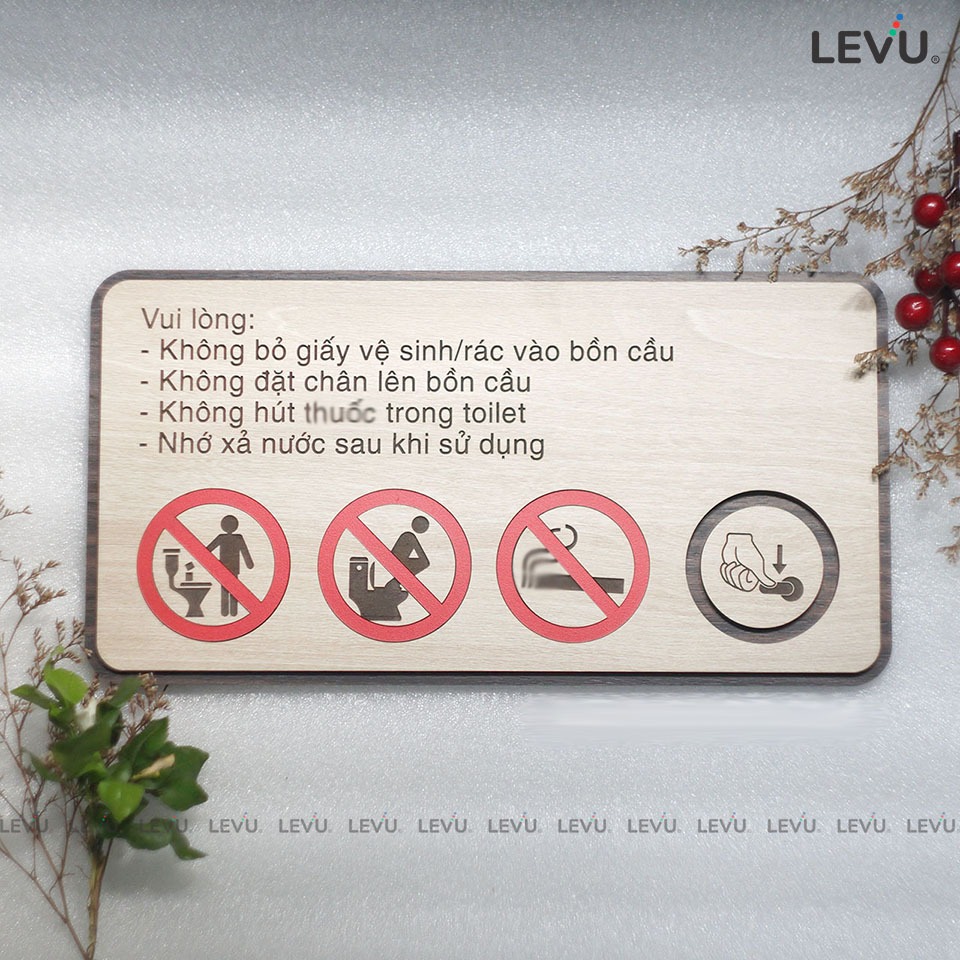 Bảng gỗ nội quy nhà vệ sinh, biển hiệu chú ý giữ gìn sạch sẽ trong phòng vệ sinh chung LEVU-BG08