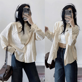 Áo sơ mi dài tay 247store dáng rộng họa tiết kẻ sọc thêu túi cách điệu