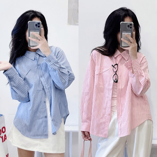 Áo sơ mi dài tay 247store dáng rộng họa tiết kẻ sọc thêu túi cách điệu