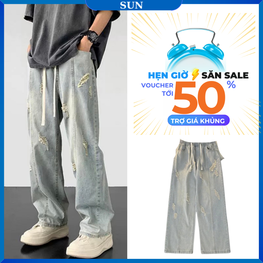 Quần jean ống rộng nam nữ cạp chun bigsize XANH RÁCH 09 dễ phối đồ đi học đi chơi