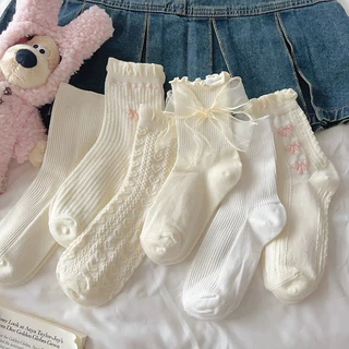 Tất vớ màu kem cổ cao phong cách Lolita co giãn dễ thương cotton 4 chiều