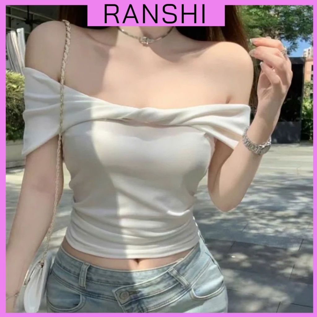 Áo Thun Tay Ngắn Nữ RANSHI Thiết Kế Trễ Vai Xoắn Ngực Ôm Body Sexy Tôn Dáng Chất thun Cotton Mềm Mát - RA256