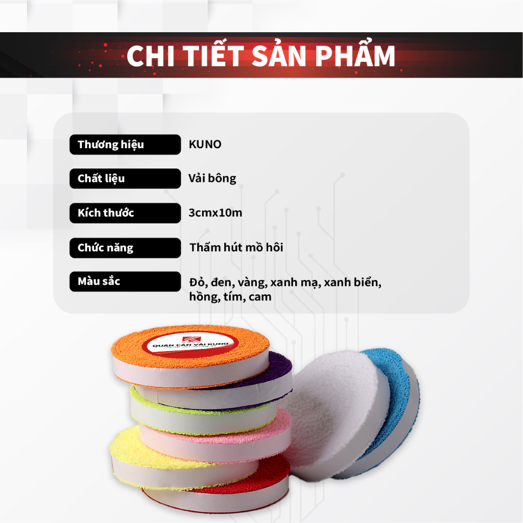 Ảnh Quấn cán vải KUNO quấn cán vợt cầu lông tennis, chất liệu vải thấm hút mồ hôi tốt chống trơn trượt, loại dài 10 mét 2
