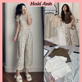 Set Bộ Đồ Nữ Áo Len Tăm Co Dãn Ôm Body Cổ Tròn May Viền Mix Quần Hoa Thô Mềm Viền Ren Gấu Freesize