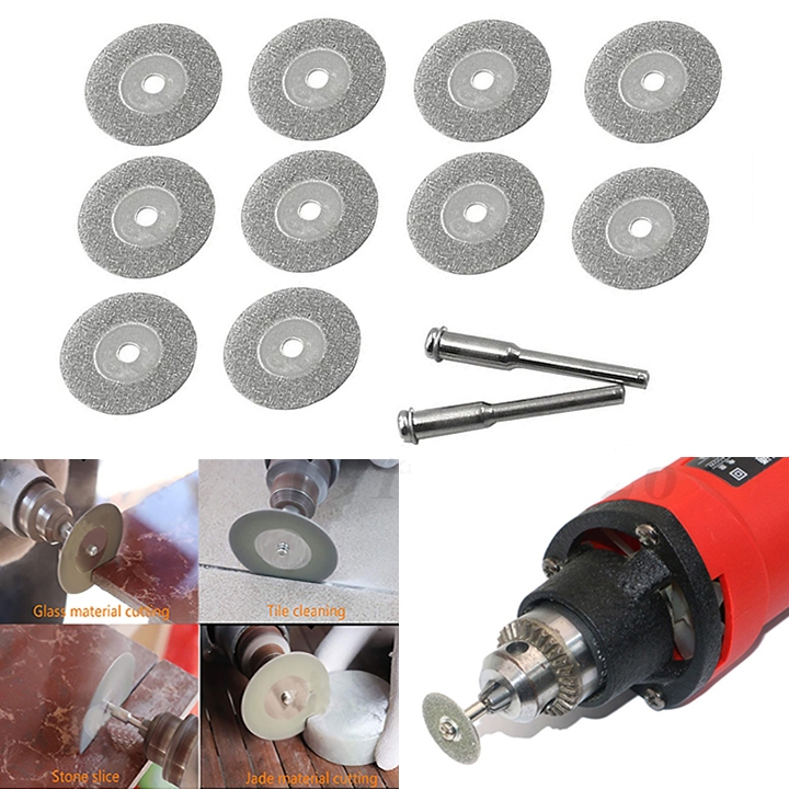 Bộ 10 lưỡi cắt kim cương mini dùng cho máy mài hoặc máy khoan, tặng kèm 2 trục cán nối