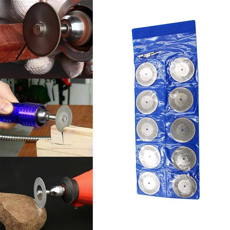 Bộ 10 lưỡi cắt kim cương mini dùng cho máy mài hoặc máy khoan, tặng kèm 2 trục cán nối