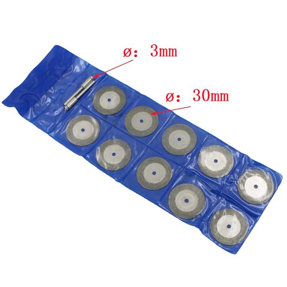 Bộ 10 lưỡi cắt kim cương mini dùng cho máy mài hoặc máy khoan, tặng kèm 2 trục cán nối