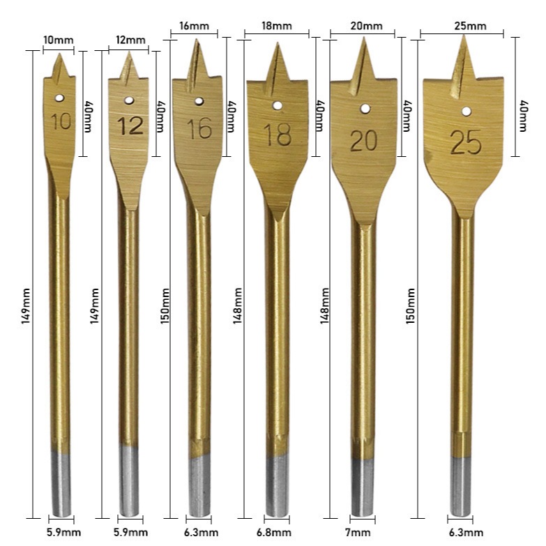 Bộ 6 mũi khoan gỗ đuôi cá từ 10mm tới 25mm phủ titanium , mũi khoét gỗ