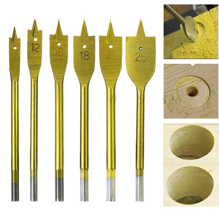 Bộ 6 mũi khoan gỗ đuôi cá từ 10mm tới 25mm phủ titanium , mũi khoét gỗ