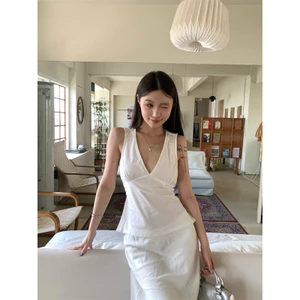 M.H STYLE ORDER tính khí đa năng cổ chữ V ren áo vest không tay quần áo nữ mùa hè cô gái nóng bỏng áo trắng mỏng