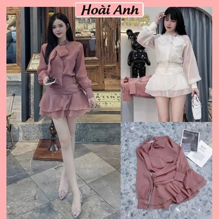 Set Bộ Đồ Nữ Tơ Voan Áo Sơ Mi Dây Nơ Cổ Dài Tay Mix Chân Váy Voan Có Lót Trong
