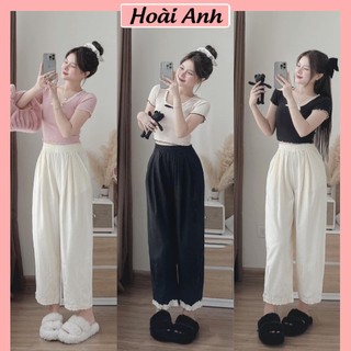 Set Bộ Đồ Nữ Áo Tăm Lông Thỏ Ôm Body Viền Cổ Ren Đính Nơ Nổi Mix Quần Suông Nilen Ống Rộng Freesize