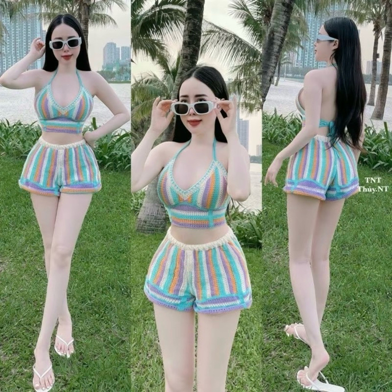 94-[CÓ SẴN]-Set đồ bơi bikini len móc 2 món gồm áo bra sắc màu +quần sóc cạp chun 1 lớp QC