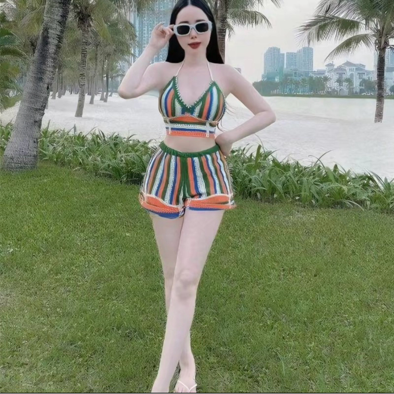 94-[CÓ SẴN]-Set đồ bơi bikini len móc 2 món gồm áo bra sắc màu +quần sóc cạp chun 1 lớp QC
