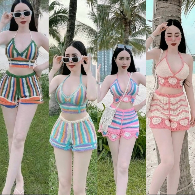 94-[CÓ SẴN]-Set đồ bơi bikini len móc 2 món gồm áo bra sắc màu +quần sóc cạp chun 1 lớp QC