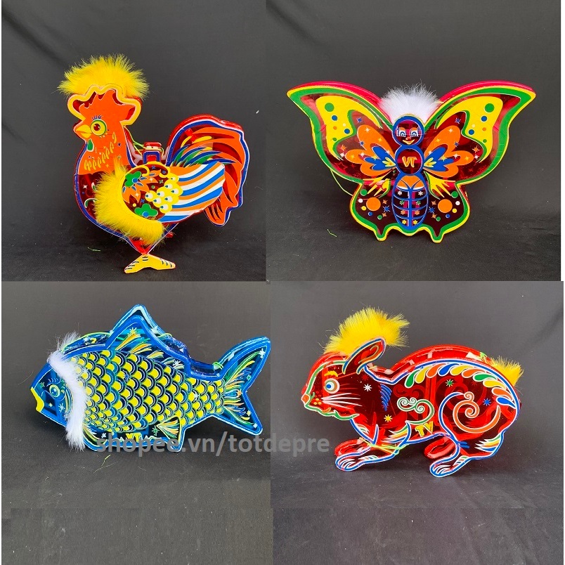 [ Chọn màu ] Khung nhựa bền - Đèn lồng trung thu giấy kính truyền thống hình con cá gà thỏ b..ướm màu đẹp đứng vững