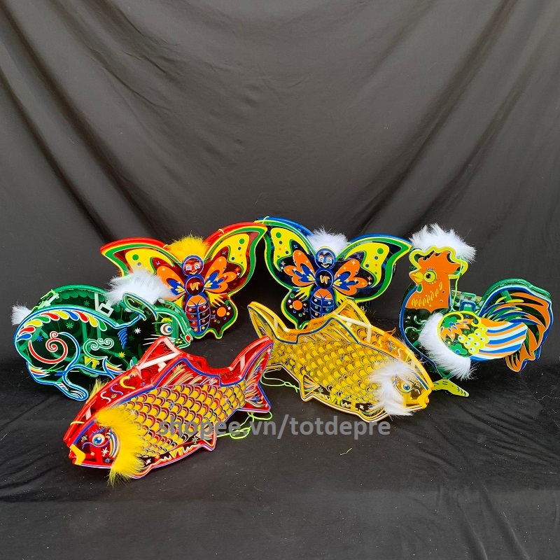 [ Chọn màu ] Khung nhựa bền - Đèn lồng trung thu giấy kính truyền thống hình con cá gà thỏ b..ướm màu đẹp đứng vững