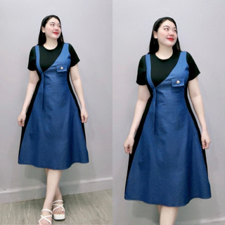 Đầm Jean Bigsize Nữ Cổ Tròn Cách Điệu Phối Denim Yếm Jean Tay Ngắn Dáng A Tôn Dáng Trẻ Trung