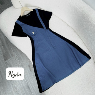 Đầm Jean Bigsize Nữ Cổ Tròn Cách Điệu Phối Denim Yếm Jean Tay Ngắn Dáng A Tôn Dáng Trẻ Trung