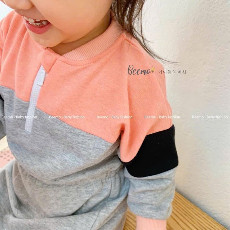 Váy Babydoll Bé Gái Bemoo D5264 Phối Màu Cá Tính, Đầm Suông Hàn Quốc Size 80-120 (8-20kg)