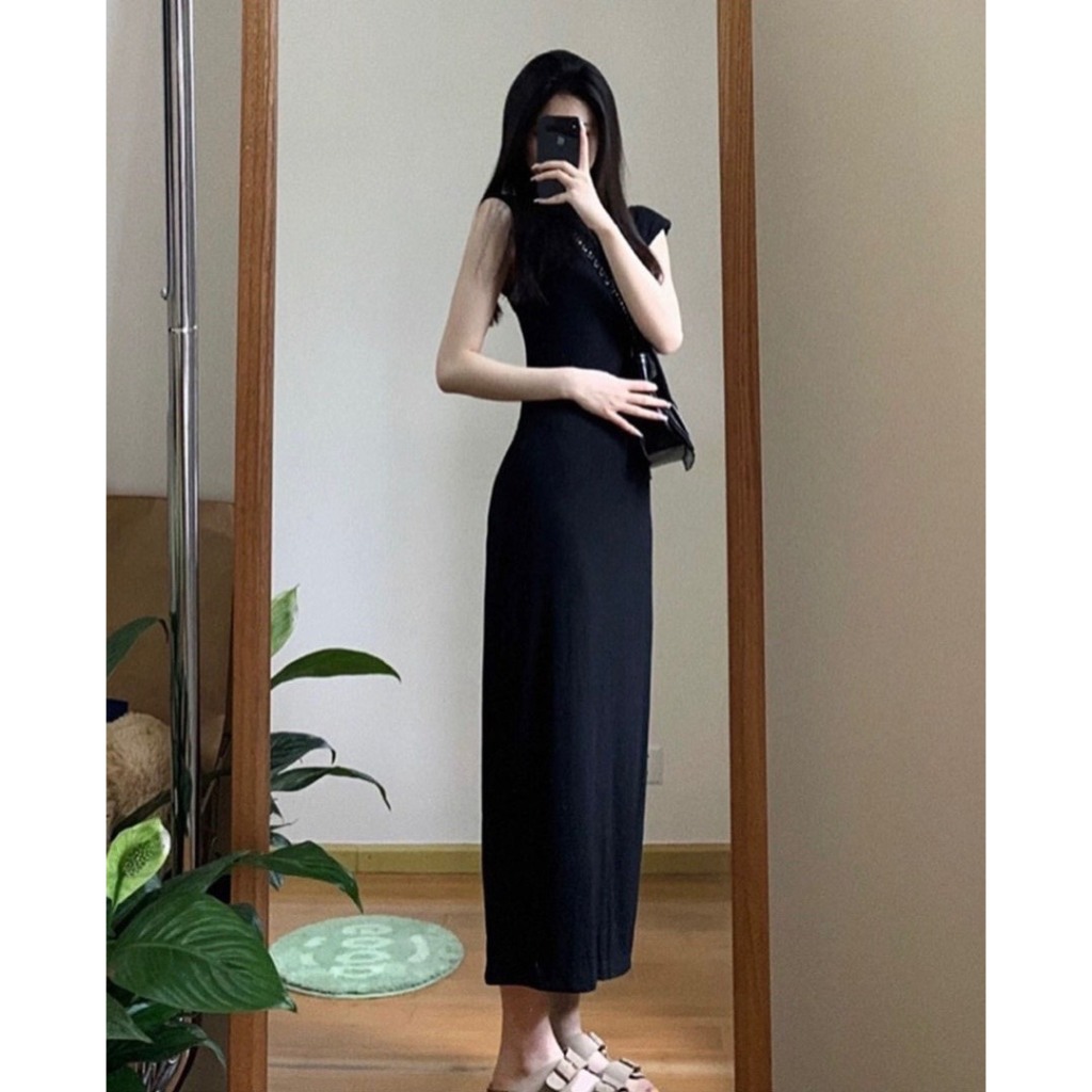 Váy nữ maxi ôm body đen cổ tròn sang trọng Jumito, đầm nữ không tay cao cấp thiết kế ôm sát tôn dáng co dãn tốt D1531