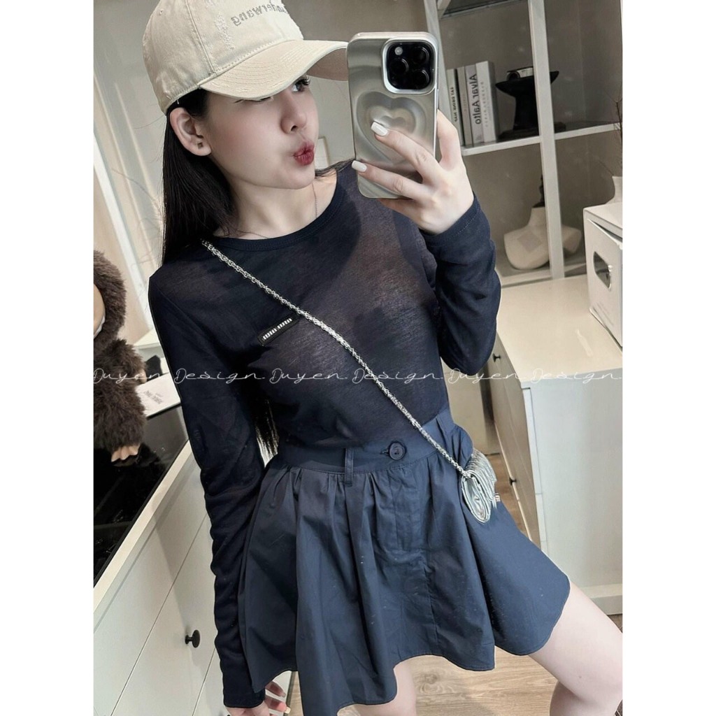 Set bộ đồ áo lưới kèm chân váy xếp ly jean, Set đồ nữ áo tay dài mỏng mix chân váy dáng ngắn đơn giản basic