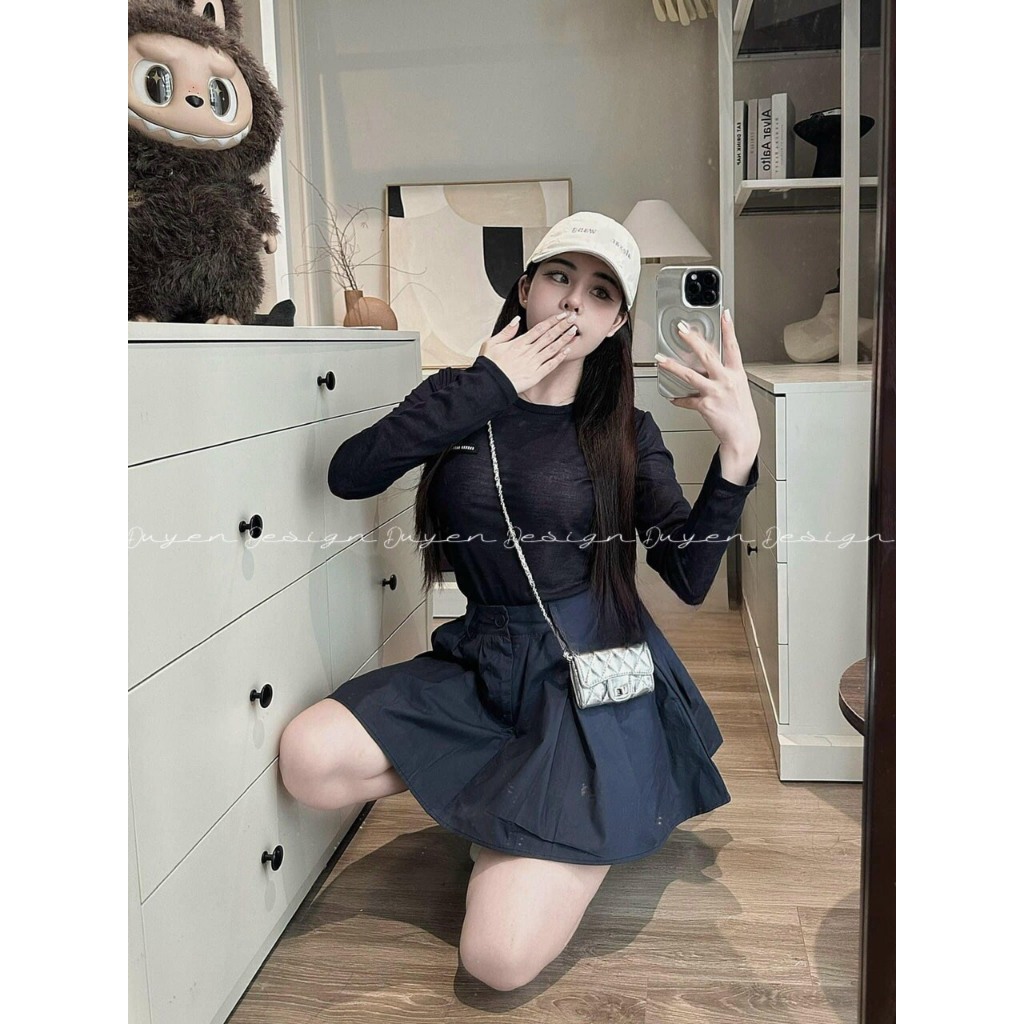 Set bộ đồ áo lưới kèm chân váy xếp ly jean, Set đồ nữ áo tay dài mỏng mix chân váy dáng ngắn đơn giản basic