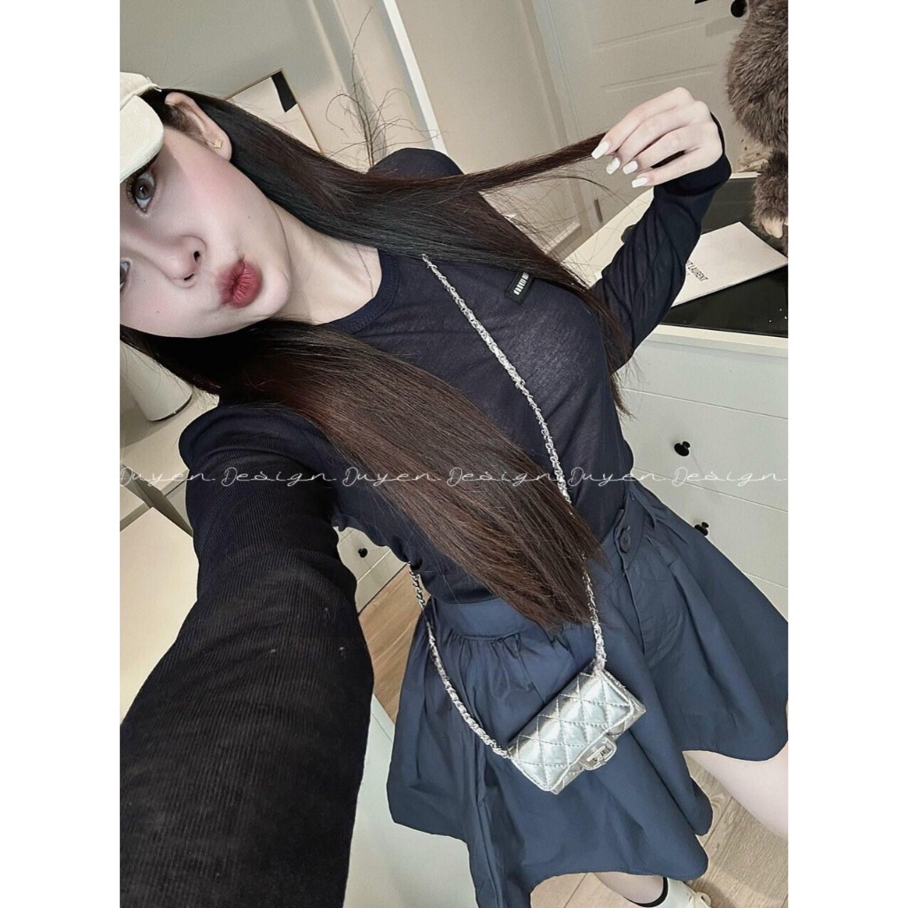 Set bộ đồ áo lưới kèm chân váy xếp ly jean, Set đồ nữ áo tay dài mỏng mix chân váy dáng ngắn đơn giản basic