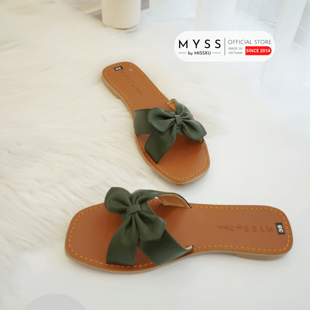 Dép nữ MYSS đế bệt quai nơ xéo da thật cao cấp thời trang thương hiệu - DE83