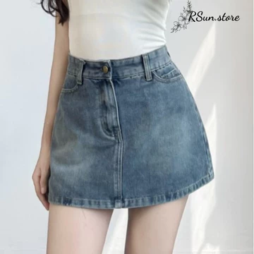 Chân váy Jean cạp cao Bigsize RSun, Chân váy bò khuy đồng có quần bảo hộ 312