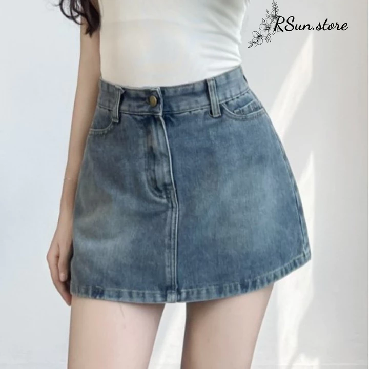 Chân váy Jean cạp cao Bigsize RSun, Chân váy bò khuy đồng có quần bảo hộ 312