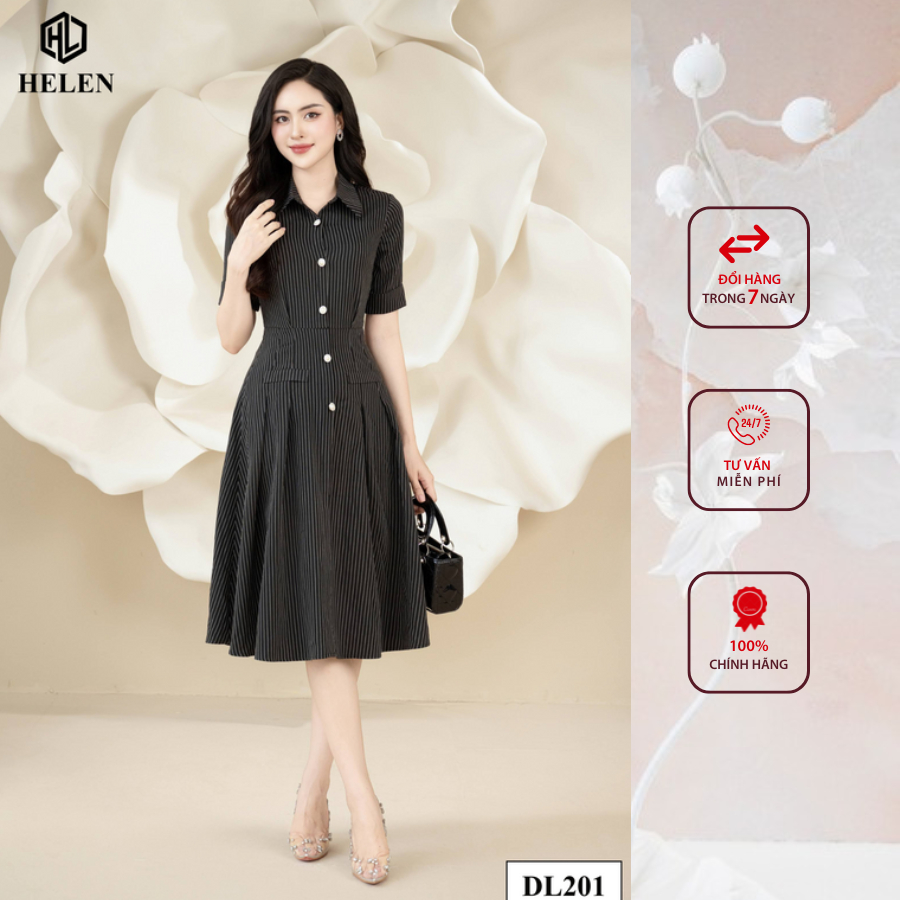 Đầm công sở HELEN thiết kế dáng xòe sọc đen cổ sơ mi DL201