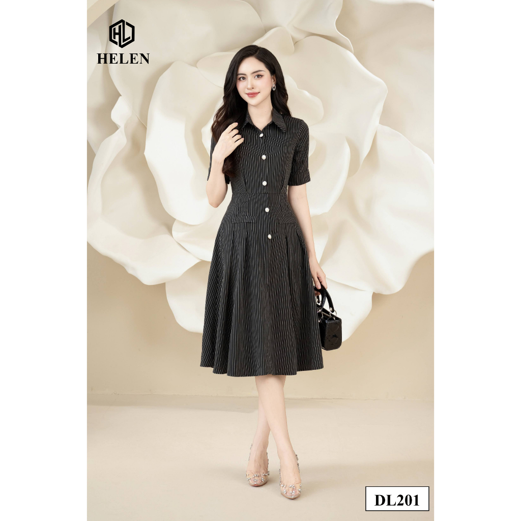 Đầm công sở HELEN thiết kế dáng xòe sọc đen cổ sơ mi DL201