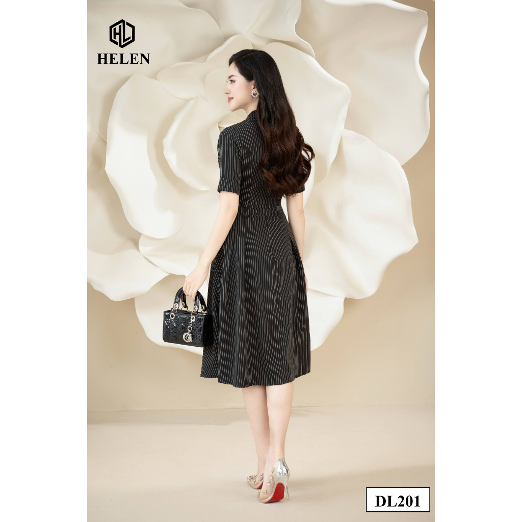 Đầm công sở HELEN thiết kế dáng xòe sọc đen cổ sơ mi DL201