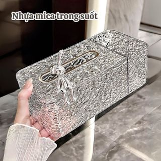 Hộp đựng khăn giấy vân kim cương trong suốt ECO kèm khay đựng đồ để bàn họa tiết thỏ sang trọng