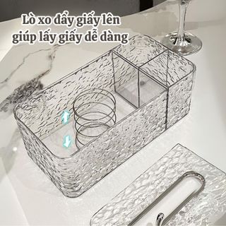 Hộp đựng khăn giấy vân kim cương trong suốt ECO kèm khay đựng đồ để bàn họa tiết thỏ sang trọng