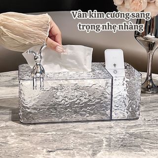 Hộp đựng khăn giấy vân kim cương trong suốt ECO kèm khay đựng đồ để bàn họa tiết thỏ sang trọng