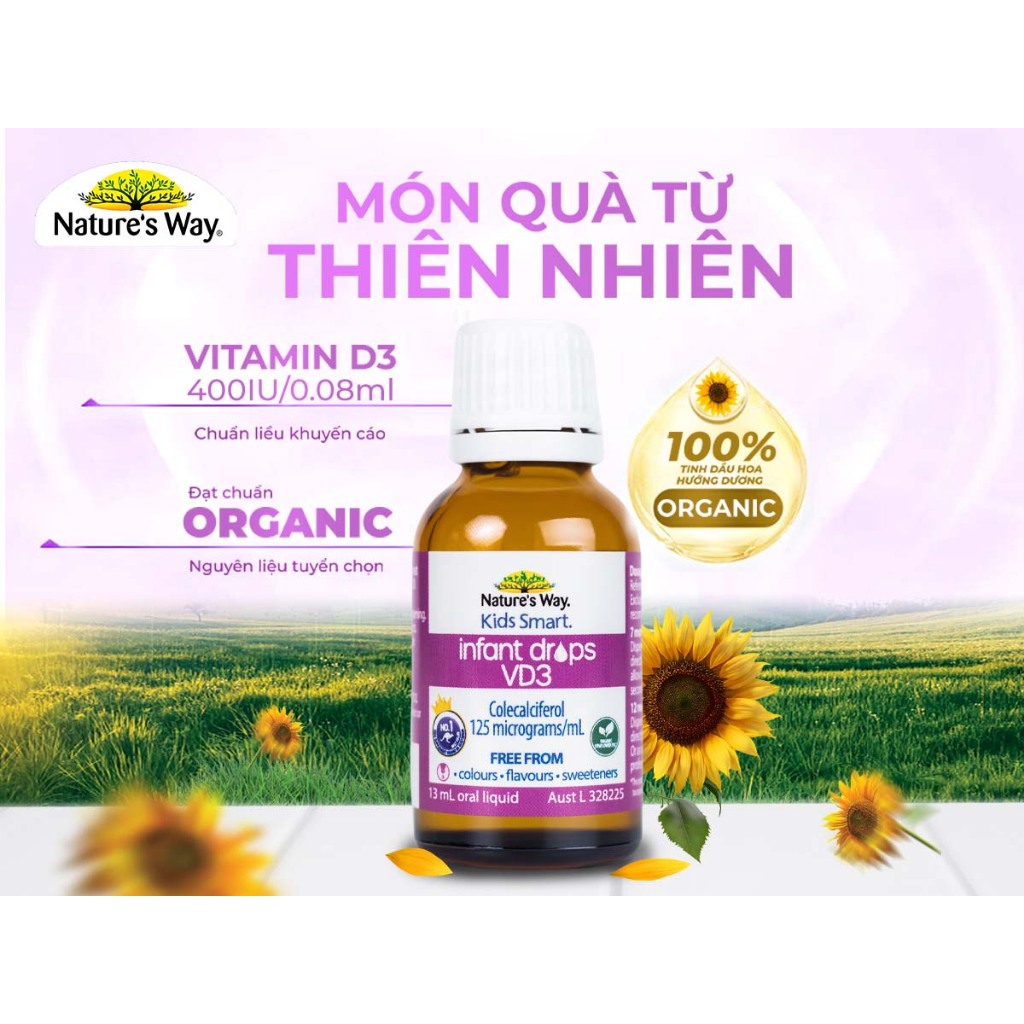 D3 Thuần Chay Organic Cho Bé Nature's Way Kids Smart Infant Drops VD3, Chiết Xuất Từ Tinh Dầu Hoa Hướng Dương - Hộp 13ml