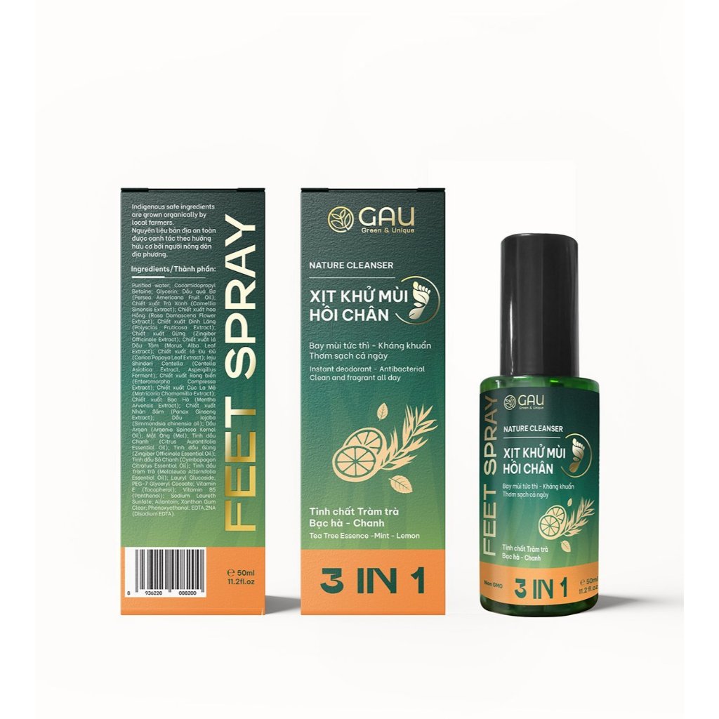 Xịt Hôi Chân GAU Lưu hương Thơm mát - Khử mùi Chân và Giày Cả ngày Tràm trà - Bạc hà - Chanh 100ml