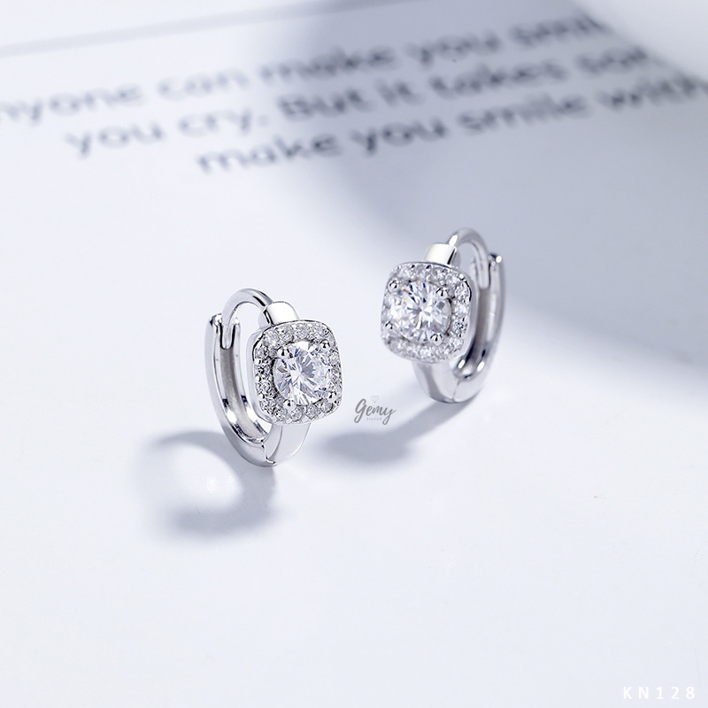 Khuyên tai tròn nam bạc 925 thiết kế mặt đính đá hình tròn, vuông unisex cực chất (1 chiếc) | GEMY SILVER KN128