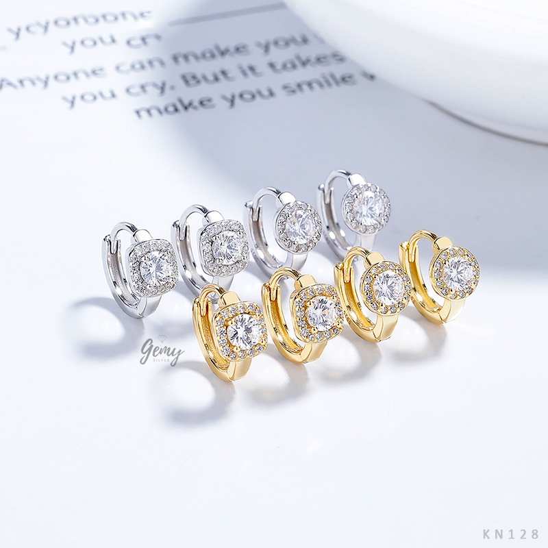 Khuyên tai tròn nam bạc 925 thiết kế mặt đính đá hình tròn, vuông unisex cực chất (1 chiếc) | GEMY SILVER KN128