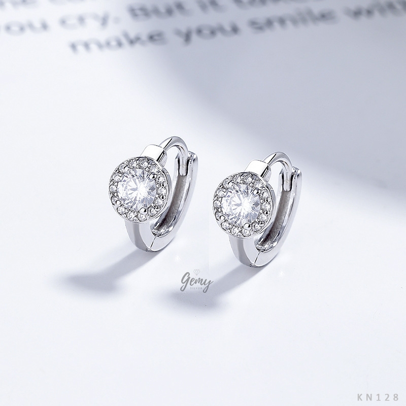 Khuyên tai tròn nam bạc 925 thiết kế mặt đính đá hình tròn, vuông unisex cực chất (1 chiếc) | GEMY SILVER KN128