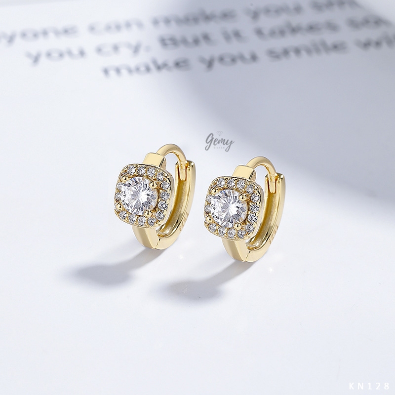 Khuyên tai tròn nam bạc 925 thiết kế mặt đính đá hình tròn, vuông unisex cực chất (1 chiếc) | GEMY SILVER KN128