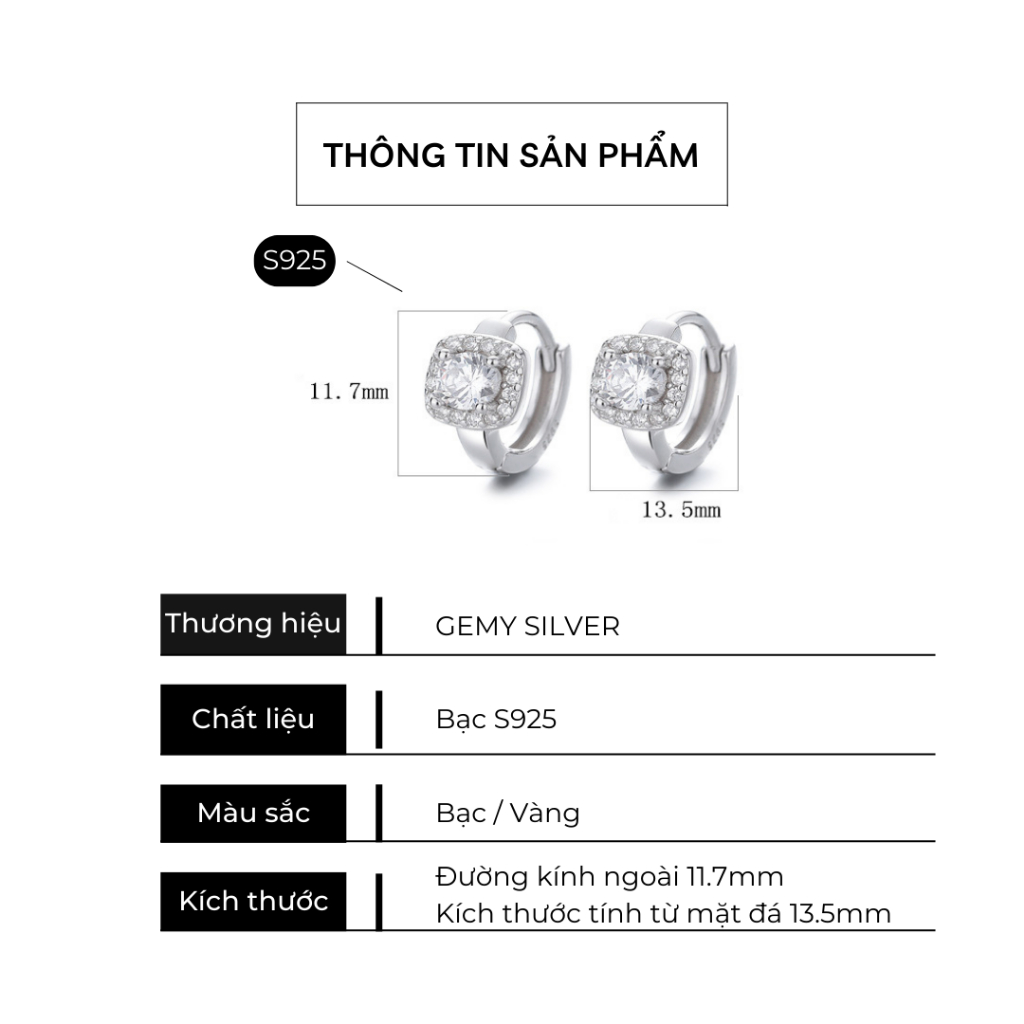 Khuyên tai tròn nam bạc 925 thiết kế mặt đính đá hình tròn, vuông unisex cực chất (1 chiếc) | GEMY SILVER KN128