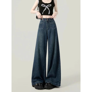 [HOT] Quần Jean Ống Rộng, Quần Bò Nữ Ống Suông Xanh Đậm Dáng Ôm Eo Phong Cách Retro siêu xinh D112